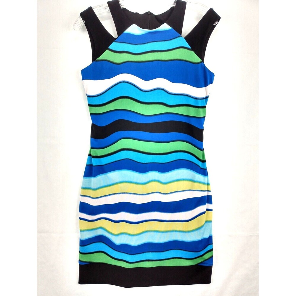 Joseph Ribkoff Sheath Dress Size 8 Bodycon Split Shoulder Blue Striped Lined